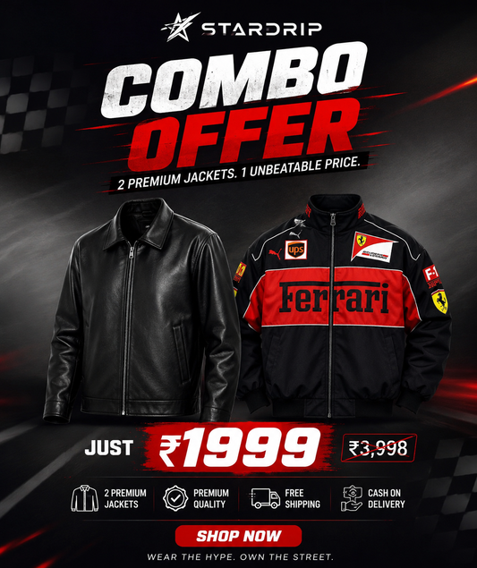 Black Leather & Black F1 Vintage Racing Motorsport Jacket Combo |StarDrip
