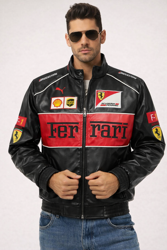 Black Ferrari Premium Leather Vintage Racing Jacket | Unisex Motorsport Jacket | Stardrip